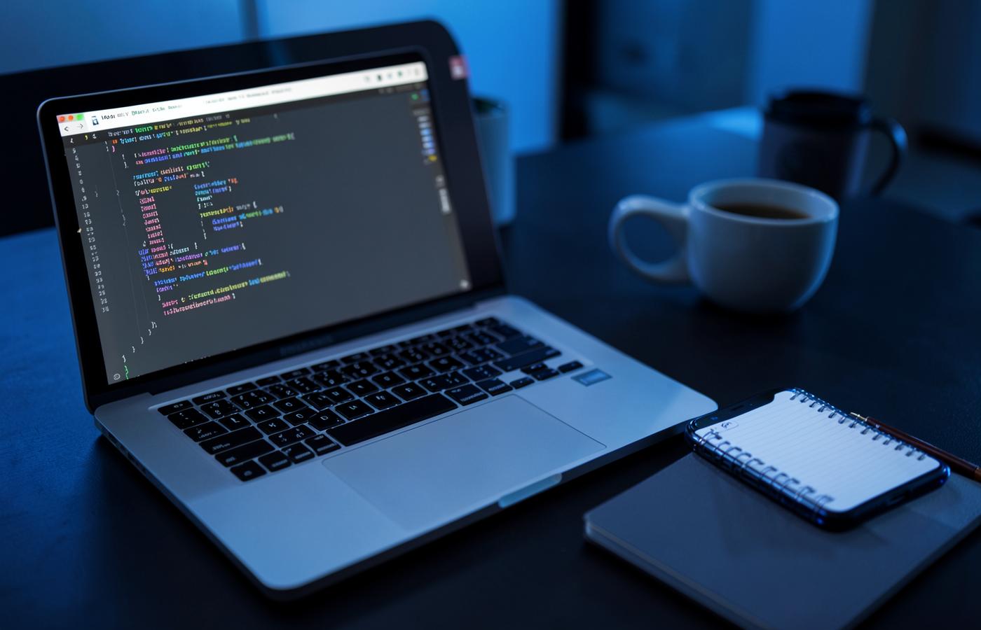 Laptop with a code editor open on a developer's desk